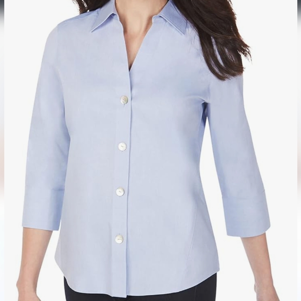 NEW Foxcroft Womens Button Up Shirt Non-Iron Essential Paige 3/4 sleeve Blue 12P